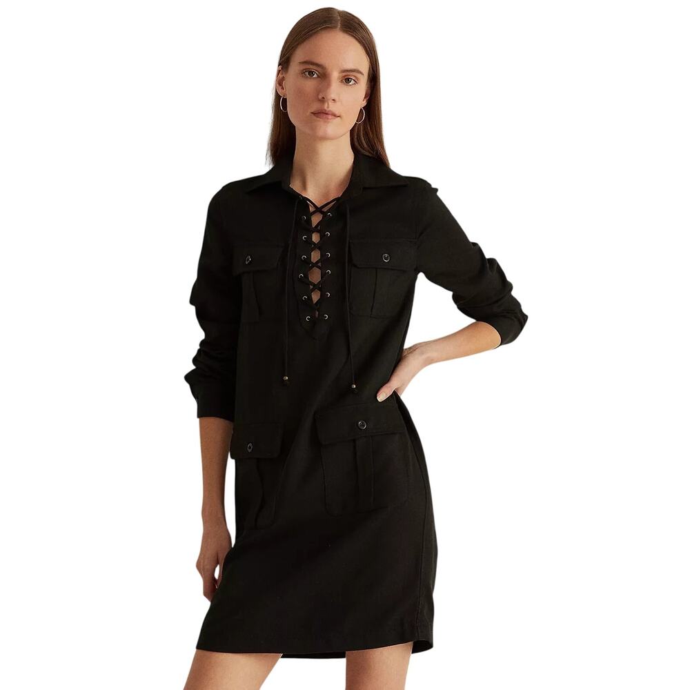 Lauren Ralph Lauren Women Black Lyocell Twill Lace-Up Placket Dress Size 4 - Picture 1 of 10